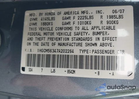 2007 Honda Accord 2.4 Se from USA, damaged, VIN 1HGCM56347A202264